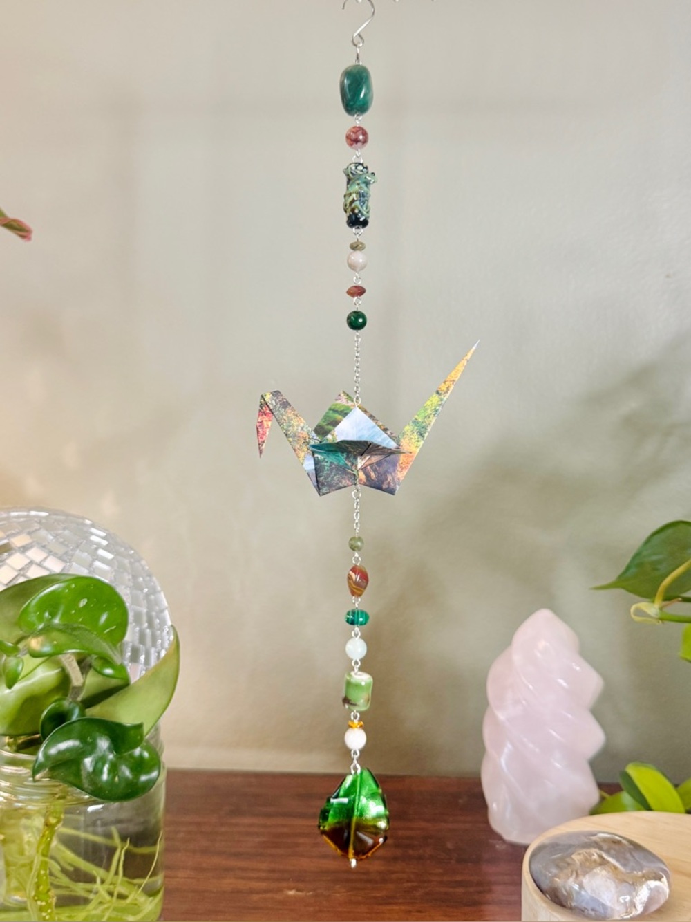Origami Ornament #2477 - Large Crane with Stone Beads and Glass Leaf Pendant